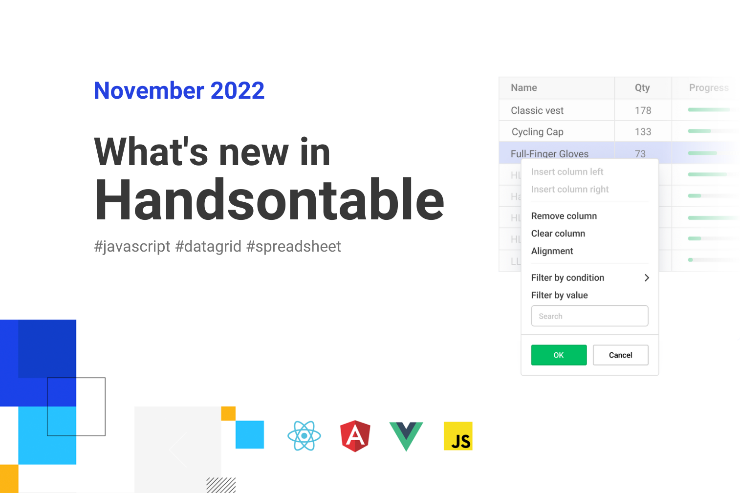 A cover image of the article about the news at Handsontable JavaScript data grid in November 2022