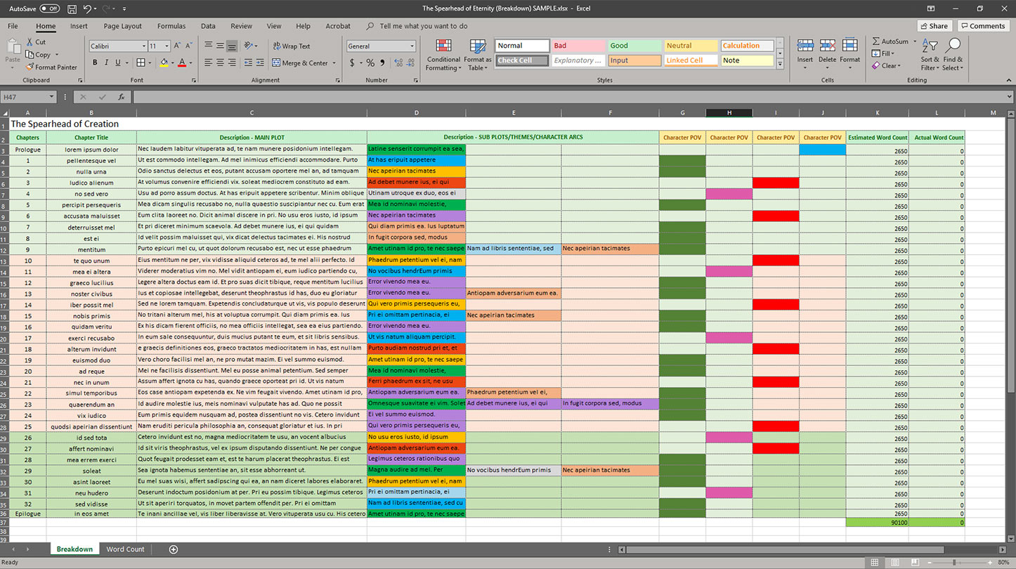 a print screen showing a spreadsheet for novel writing