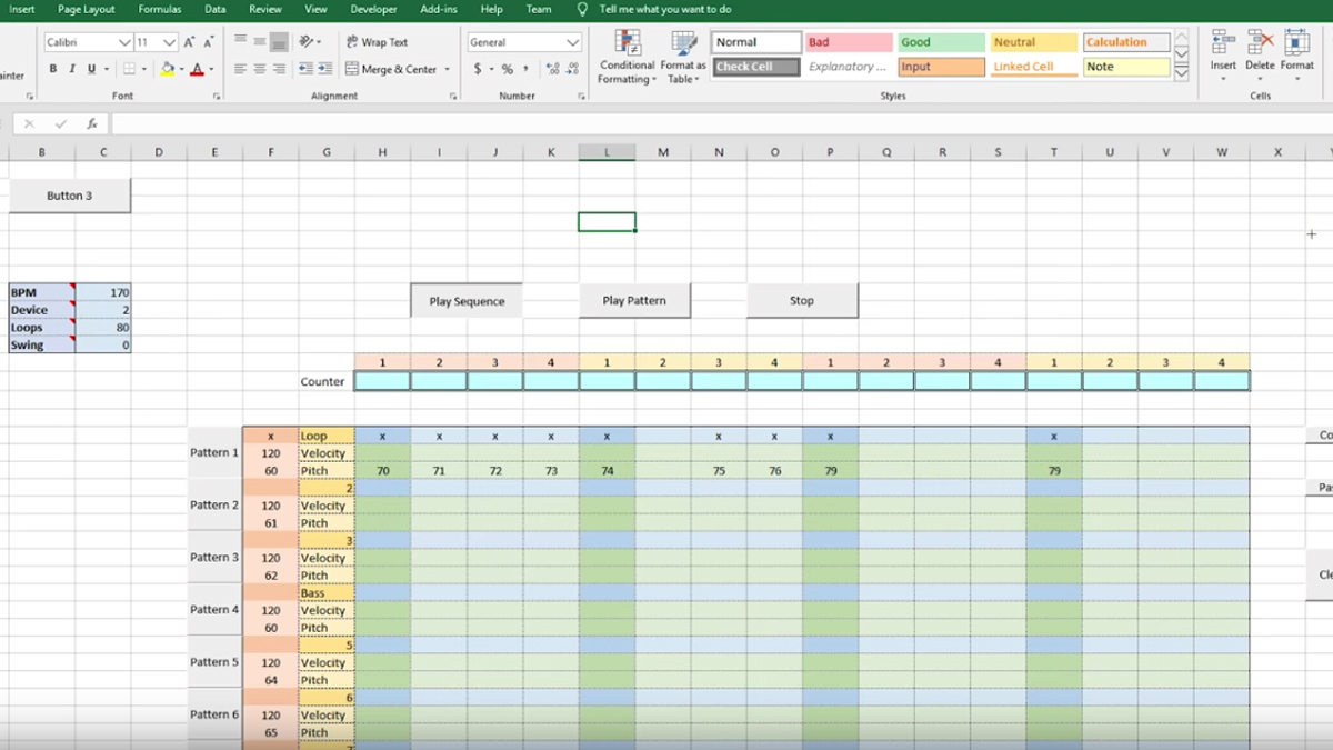 a print screen showing a spreadsheet drum app