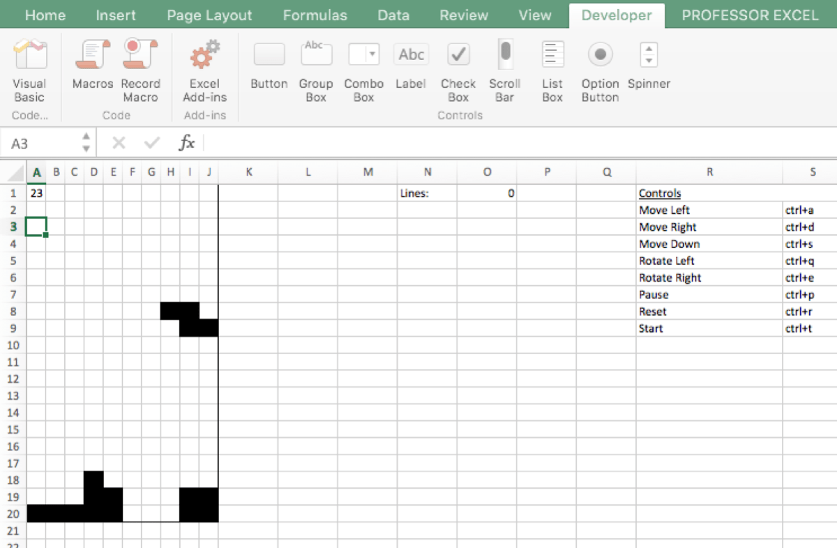 print screen showing spreadsheet Tetris game