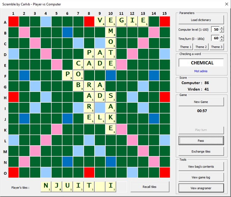 a print screen showing a spreadsheet scrabble game