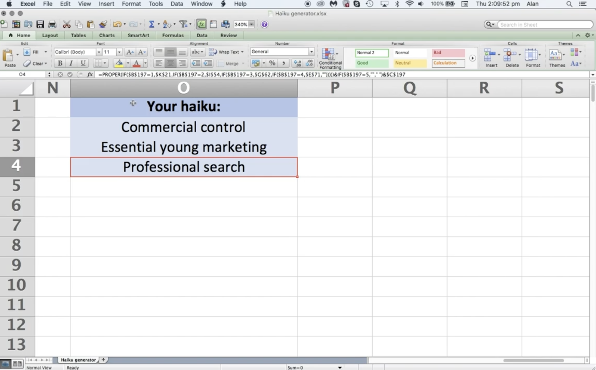 a print screen showing a spreadsheet haiku generator