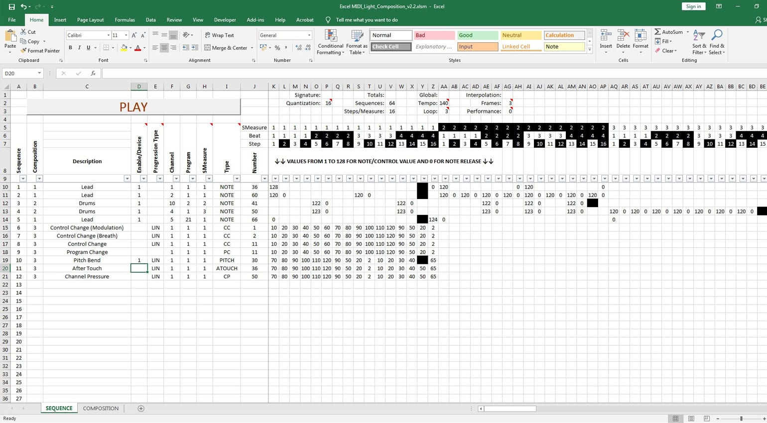 a print screen showing an excel midi sequencer 