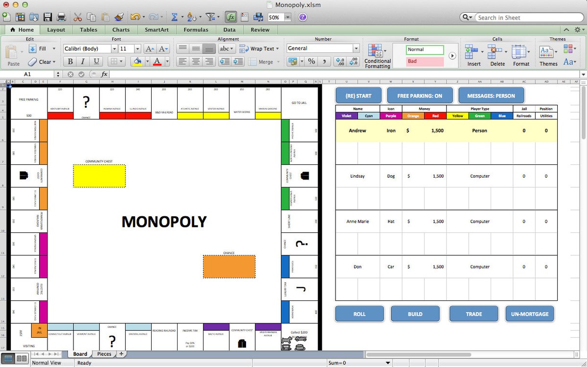 a printscreen showing a spreadsheet monopoly game
