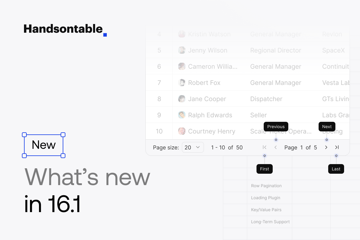 Handsontable 16.1: Row Pagination, Loading Plugin, and Long-Term Support Policy