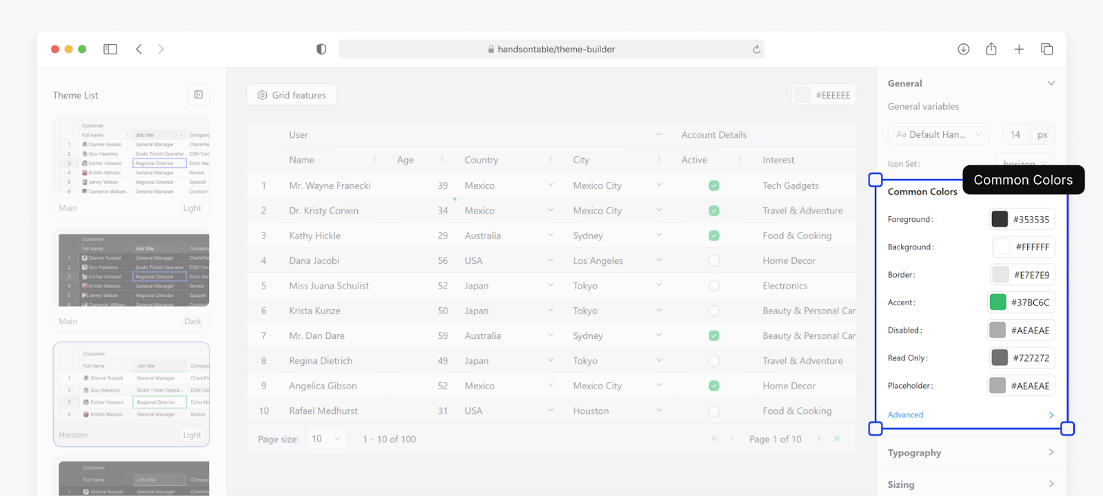 Handsontable 16.2.0: Theme Builder - Common Color Variables