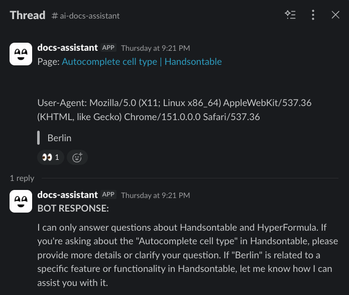 Slack thread from the docs-assistant bot showing the single junk input 'Berlin' sent with a Chrome 151 on Linux user agent, and the bot's reply that it can only answer questions about Handsontable and HyperFormula