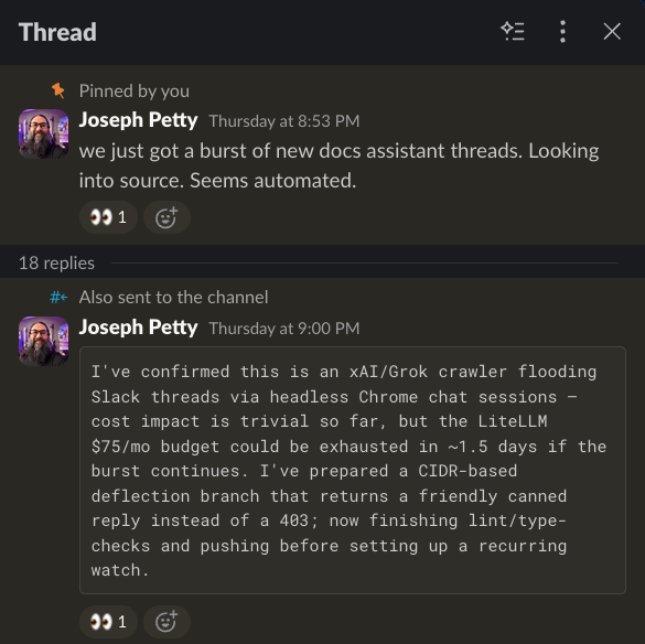 Slack thread: a pinned message reading 'we just got a burst of new docs assistant threads. Looking into source. Seems automated.' followed by an update confirming an xAI/Grok crawler and a prepared CIDR-based deflection branch