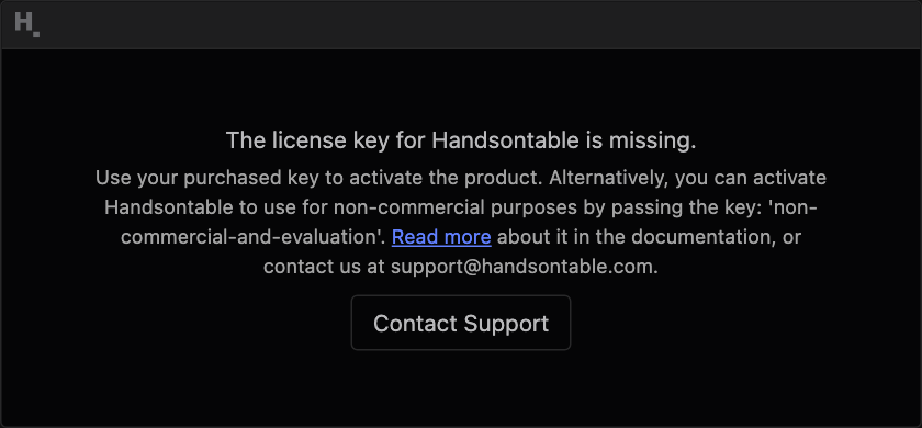 The blocking modal for a missing license key, dark theme