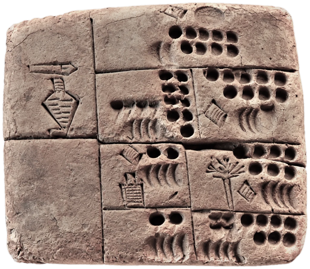A clay administrative tablet from Uruk, its surface ruled into cells and pressed with proto-cuneiform numerals and signs